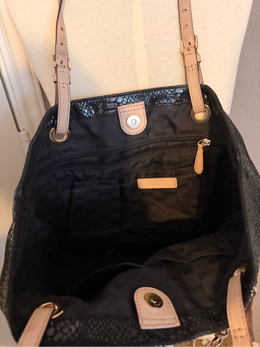 Michael Kors Black Snake-Embossed Tote with Tan Straps - Picture 4 of 6